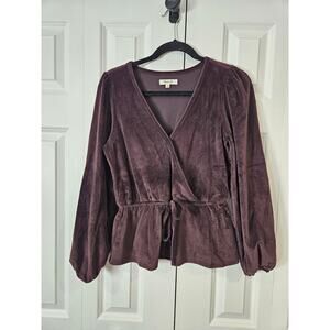 Madewell Womens Faux Wrap Velvet Blouse Top V Neck Tie Brown Small